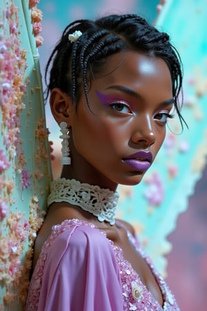   Brown Arabian female model short hair Portrait, shot on Leica, gorgeous lighting, subtle pastel hues, 8k, heavy dark prominent purple lipstick smeared all over face white dreadlocks her giant praying mantis wings behind her dress made of delicate praying mantis wings