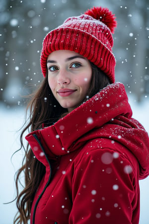  A beautiful red girl, beautiful, moody lighting, best quality, full body portrait, real picture, intricate details, depth of field, in a cold snowstorm, Fujifilm XT3, outdoors, bright day, Beautiful lighting, RAW photo, 8k uhd, film grain, unreal engine 5,