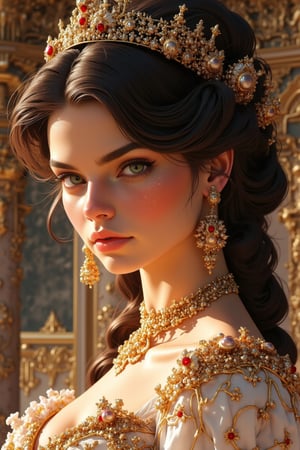  "Camila Mendes as Rococo noblewoman", elaborate gown, huge rococo hair, head and shoulders portrait, finely drawn eyes, 8k resolution concept art portrait dynamic lighting hyperdetailed intricately detailed Splash art trending on Artstation Unreal Engine 5 volumetric lighting