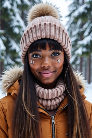  beautiful young black African woman, straight shiny hair with bangs on the forehead, brown with golden highlights without frizz, star makeup with silver glitter, brown eyes, luscious lips, without imperfections, fleece down jacket, wool hat with fur pompom, scarf in wool, background pattern with a forest of tall green fir trees, snow, snowflakes, winter season, very sharp photo, 8k