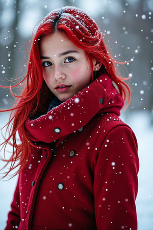  A beautiful red girl, beautiful, moody lighting, best quality, full body portrait, real picture, intricate details, depth of field, in a cold snowstorm, Fujifilm XT3, outdoors, bright day, Beautiful lighting, RAW photo, 8k uhd, film grain, unreal engine 5,