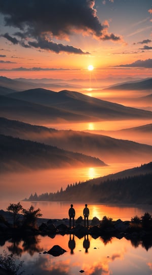 pic of a magnificent sunset over a mountainous landscape, where the high peaks are bathed in a golden light and the sky is painted with soft shades of orange and pink. The clouds extend in dramatic shapes, criando uma cena deslumbrante e serena. No primeiro plano, There is a tranquil lake reflecting the beauty of the sky, while silhouetted trees add a touch of mystery to the landscape. The balanced composition and vastness of nature captured in a convey a sense of calm and wonder at the grandeur of the natural setting. 