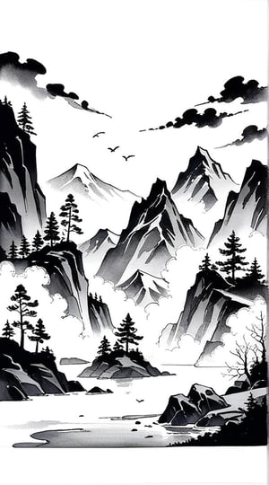 masterpiece, best quality, aesthetic,calligraphy brush,ink wash painting,illustration,scenery,mountains and rivers,evergreen tree