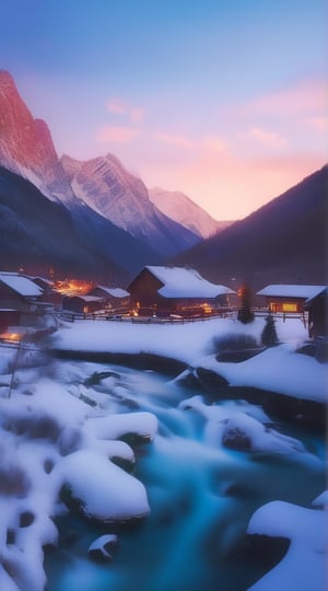 A breathtaking scene of a majestic mountain range, with towering peaks covered in soft, glowing snow. The sky is a brilliant mix of vibrant colors, with the sun setting on the horizon. A small, peaceful village is nestled at the foot of the mountains, with quaint cottages and a babbling brook flowing gently through the landscape. The overall ambiance of the image is serene and awe-inspiring, capturing the beauty and grandeur of nature.