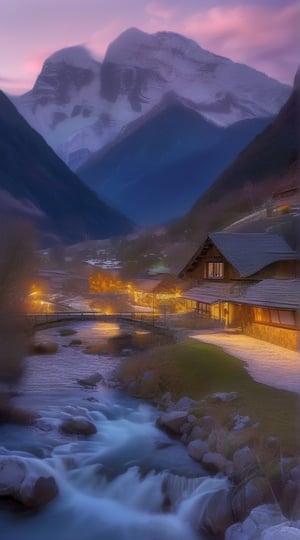 A breathtaking scene of a majestic mountain range, with towering peaks covered in soft, glowing snow. The sky is a brilliant mix of vibrant colors, with the sun setting on the horizon. A small, peaceful village is nestled at the foot of the mountains, with quaint cottages and a babbling brook flowing gently through the landscape. The overall ambiance of the image is serene and awe-inspiring, capturing the beauty and grandeur of nature.