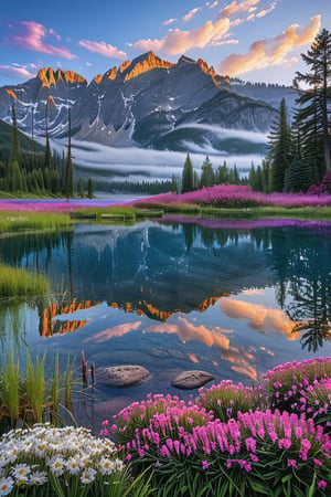 In a breathtaking dawn scene, majestic mountains and trees stand tall against a cerulean sky, where wispy white clouds drift lazily. The calm lake's surface mirrors the celestial canvas above, with gentle ripples creating a mesmerizing reflection. Amidst this serene backdrop, velvety purple grass sways softly, punctuated by vibrant lavender hues. Radiant flowers bloom in every direction, imbuing the landscape with an otherworldly magic. Framed within a Sony camera's 8K lens, the ultra-realistic scenery is captured in stunning cinematic detail, inviting viewers to step into this enchanting world.