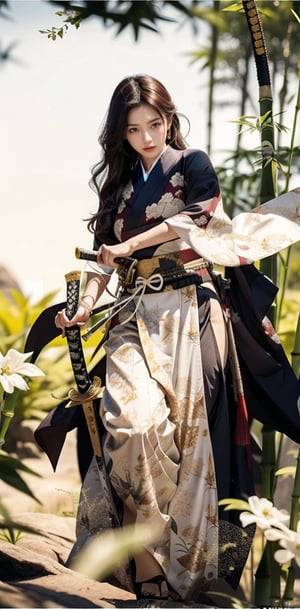 A stunning Taiwanese beauty, 23 years old, stands confidently amidst a serene bamboo grove, her flowing white dress with elegant long slits showcasing her toned physique as she draws a Japanese traditional samurai sword with perfectly proportioned legs exuding sensuality. Her pose captures the essence of holding the katana with clear, high-quality detail, the hilt wrapped in traditional Japanese style and scabbard ornately decorated. Her expression conveys murderous intent as she displays the sword with precision, echoing Xuer Ai Yazawa's aesthetic. The composition frames her captivating figure against the peaceful bamboo backdrop, highlighting her power and beauty. She holds an exquisite katana with both hands, her fingers gripping the hilt firmly yet gracefully. The katana is long, slender, and gracefully curved,The hand proportions are displayed normally, with no disconnection or deformation.,xuer ai yazawa style girl, The girl's face is full of murderous intent and she looks extremely fierce,high quality 