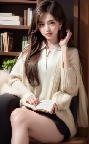 A serene scene unfolds: a single girl sits comfortably indoors, surrounded by a bookshelf. Her long, brown hair cascades down her back as she flashes a warm smile. A white collared shirt with long sleeves complements her outfit, paired with black socks and a striking striped necktie.and earrings glint in the soft light. Brown eyes sparkle as she gazes into the distance, lost in thought or reading the book held delicately in her hands. Hold an open book on your head with both hands, close one eye, look playful and charming, smile happily,High-quality portraits,More playful and cute ingredients,one eye is close ,High-quality portraits