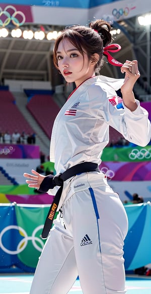 A beautiful young athlete is captured in a stunning side shot as she competes in a Karate match at the Olympics. Her toned, graceful physique is showcased in a sleek, form-fitting Karate gi, the crisp white fabric contrasting with the black belt tied around her waist. Her hair is tied back in a stylish yet practical manner, emphasizing her focused expression and determined eyes. She strikes a powerful and elegant pose, exuding both beauty and strength. Her muscles are defined, and her body is perfectly balanced, highlighting her athletic prowess and the grace of her movements. The background is a vibrant Olympic stadium filled with cheering fans and colorful flags from around the world, adding to the intensity and excitement of the moment. The arena lights cast a perfect glow on her, enhancing the realism and high-definition quality of the image. This vivid capture brings to life the spirit of the Olympics and the beauty and power of Karate.,best quality