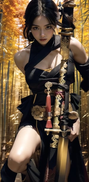 A stunning Taiwanese beauty, 23 years old, stands confidently amidst a serene bamboo grove, her flowing white dress with elegant long slits showcasing her toned physique as she draws a Japanese traditional samurai sword with perfectly proportioned legs exuding sensuality. Her pose captures the essence of holding the katana with clear, high-quality detail, the hilt wrapped in traditional Japanese style and scabbard ornately decorated. Her expression conveys murderous intent as she displays the sword with precision, echoing Xuer Ai Yazawa's aesthetic. The composition frames her captivating figure against the peaceful bamboo backdrop, highlighting her power and beauty. She holds an exquisite katana with both hands, her fingers gripping the hilt firmly yet gracefully. The katana is long, slender, and gracefully curved,The hand proportions are displayed normally, with no disconnection or deformation.,xuer ai yazawa style girl