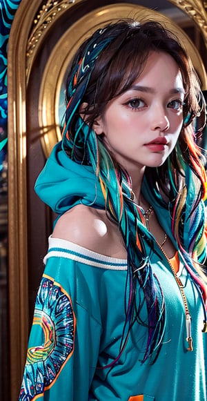 A stunning portrait of a young woman dressed in a vibrant, multicolored hoodie with swirling patterns of blue, orange, and teal. Her long, flowing hair cascades down her shoulders, complementing the intricate design of her outfit. The background mirrors the psychedelic patterns of her attire, creating a seamless, mesmerizing effect. The woman's expression is calm and confident, her gaze directed towards the viewer. The overall scene exudes a sense of bold, artistic flair and modern fashion.