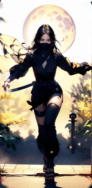 A stunning female ninja stands at the threshold of a traditional Japanese torii gate, bathed in the soft glow of a luminous moon. Her intense gaze is directed forward, her translucent veil partially obscuring her striking features. Exquisite folds of her ninja attire accentuate her alluring legs . The dramatic atmosphere is amplified by the gate's imposing architecture and the girl's confident, deadly intent. The girl has wear "see-through veil" with a serious expression and is full of murderous intent,xuer ai yazawa style girl , Wearing white ninja uniform, Full of murderous intent,killer, wear lower half mask anime, Her eyes are filled with a murderous intent.