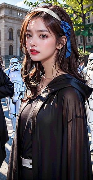 1girl, solo, long hair, looking at the viewer, smile, laugh, teeth, bangs, brown hair, realistic,  wearing a tight black suit, dressed as a Jedi Master. Starwars. black cloak. rope,  standing at warzone, Starwars, Stormtroopers, Sith, explosions, laser shots, earrings, black eyes, lips, bow headband, lips, ribbon, realistic, parted lips, lips, ribbon, realistic, blurry background,high quality ,smile,Realistic scenes,masterpiece,best quality,xuer ai yazawa style girl