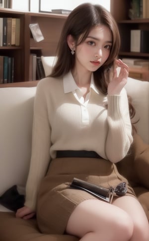 A serene scene unfolds: a single girl sits comfortably indoors, surrounded by a bookshelf. Her long, brown hair cascades down her back as she flashes a warm smile. A white collared shirt with long sleeves complements her outfit, paired with black socks and a striking striped necktie.and earrings glint in the soft light. Brown eyes sparkle as she gazes into the distance, lost in thought or reading the book held delicately in her hands. The rest of her figure remains out of frame, leaving the viewer's imagination to fill in the details. Hold an open book on your head with both hands, close one eye, look playful and charming, smile happily,High-quality portraits,More playful and cute ingredients,one eye is close 