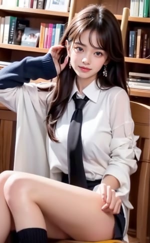 A serene scene unfolds: a single girl sits comfortably indoors, surrounded by a bookshelf. Her long, brown hair cascades down her back as she flashes a warm smile. A white collared shirt with long sleeves complements her outfit, paired with black socks and a striking striped necktie.and earrings glint in the soft light. Brown eyes sparkle as she gazes into the distance, lost in thought or reading the book held delicately in her hands. Hold an open book on your head with both hands, close one eye, look playful and charming, smile happily,High-quality portraits,More playful and cute ingredients,one eye is close 