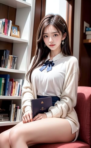 A serene scene unfolds: a single girl sits comfortably indoors, surrounded by a bookshelf. Her long, brown hair cascades down her back as she flashes a warm smile. A white collared shirt with long sleeves complements her outfit, paired with black socks and a striking striped necktie.and earrings glint in the soft light. Brown eyes sparkle as she gazes into the distance, lost in thought or reading the book held delicately in her hands. Hold an open book on your head with both hands, close one eye, look playful and charming, smile happily,High-quality portraits,More playful and cute ingredients,one eye is close 