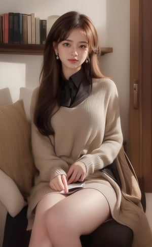 A serene scene unfolds: a single girl sits comfortably indoors, surrounded by a bookshelf. Her long, brown hair cascades down her back as she flashes a warm smile. A white collared shirt with long sleeves complements her outfit, paired with black socks and a striking striped necktie.and earrings glint in the soft light. Brown eyes sparkle as she gazes into the distance, lost in thought or reading the book held delicately in her hands. The rest of her figure remains out of frame, leaving the viewer's imagination to fill in the details. Hold an open book on your head with both hands, close one eye, look playful and charming, smile happily,High-quality portraits,More playful and cute ingredients,one eye is close ,High-quality portraits