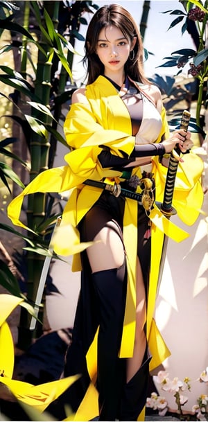 A stunning Taiwanese beauty, 23 years old, stands confidently amidst a serene bamboo grove, her flowing white dress with elegant long slits showcasing her toned physique  perfectly proportioned legs exuding sensuality. Her pose captures the essence of holding the katana with clear, high-quality detail, the hilt wrapped in traditional Japanese style and scabbard ornately decorated. Her expression conveys murderous intent as she displays the sword with precision, echoing Xuer Ai Yazawa's aesthetic. The composition frames her captivating figure against the peaceful bamboo backdrop, highlighting her power and beauty. She holds an exquisite katana with both hands, her fingers gripping the hilt firmly yet gracefully. The katana is long, slender, and gracefully curved,The hand proportions are displayed normally, with no disconnection or deformation.,xuer ai yazawa style girl, The girl's face is full of murderous intent and she looks extremely fierce,high quality ,show legs