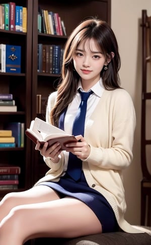 A serene scene unfolds: a single girl sits comfortably indoors, surrounded by a bookshelf. Her long, brown hair cascades down her back as she flashes a warm smile. A white collared shirt with long sleeves complements her outfit, paired with black socks and a striking striped necktie.and earrings glint in the soft light. Brown eyes sparkle as she gazes into the distance, lost in thought or reading the book held delicately in her hands. Hold an open book on your head with both hands, close one eye, look playful and charming, smile happily,High-quality portraits,More playful and cute ingredients,one eye is close ,full body