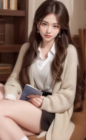 A serene scene unfolds: a single girl sits comfortably indoors, surrounded by a bookshelf. Her long, brown hair cascades down her back as she flashes a warm smile. A white collared shirt with long sleeves complements her outfit, paired with black socks and a striking striped necktie.and earrings glint in the soft light. Brown eyes sparkle as she gazes into the distance, lost in thought or reading the book held delicately in her hands. The rest of her figure remains out of frame, leaving the viewer's imagination to fill in the details. Hold an open book on your head with both hands, close one eye, look playful and charming, smile happily,High-quality portraits,More playful and cute ingredients,one eye is close ,High-quality portraits