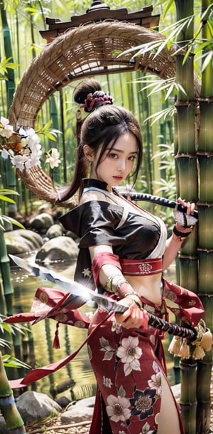 A stunning Taiwanese beauty, 23 years old, stands confidently amidst a serene bamboo grove, her flowing white dress with elegant long slits showcasing her toned physique as she draws a Japanese traditional samurai sword with perfectly proportioned legs exuding sensuality. Her pose captures the essence of holding the katana with clear, high-quality detail, the hilt wrapped in traditional Japanese style and scabbard ornately decorated. Her expression conveys murderous intent as she displays the sword with precision, echoing Xuer Ai Yazawa's aesthetic. The composition frames her captivating figure against the peaceful bamboo backdrop, highlighting her power and beauty. She holds an exquisite katana with both hands, her fingers gripping the hilt firmly yet gracefully. The katana is long, slender, and gracefully curved,The hand proportions are displayed normally, with no disconnection or deformation.,xuer ai yazawa style girl, The girl has a serious expression and is full of murderous intent