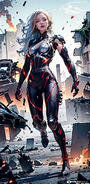 Captured in mid-stride, a lone figure emerges from the smoldering ruins: a slender young female cyborg with piercing blue eyes and striking white hair, clad in a futuristic black and red battle suit. The desolate alien battlefield stretches behind her, littered with twisted metal and shattered debris. Her gaze is fixed ahead, eyes blazing with determination as she surveys the devastation.,ghostrider,best quality,masterpiece