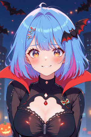 A cute girl with light skin tone, blue bob-cut hair with pink highlights. She got expressive and shiny golden eyes. She is wearing an halloween vampire costume, with vampire fangs. Her hair is adorned with a bat pin, in halloween style. She is having an halloween night party.She got a teasing expression