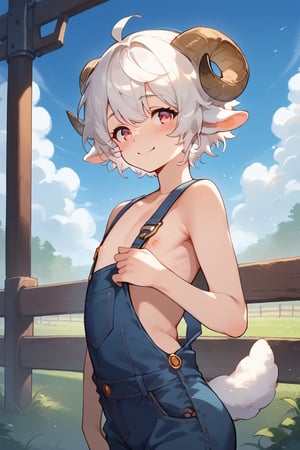 score_9,score_8,score_7,source_anime,absurdres,8k,hourglass body,perfectly composed,1femboy,sheep,sheep ears,sheep tail,ram horns,fluffy,flat chest,white hair,pink eyes,blushing,smiling,overalls,behind fence