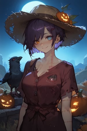 score_9, score_7_up, score_8_up, source_anime, 1girl, solo,patchwork skin,stitches,purple hair,pixie hair, busty,heterochromia,scarecrow,straw hat, damaged red robe, torn clothes,pumpkin field, teasing expression,smile, crow on shoulder,blushing,Expressiveh,dark theme,dark theme, night, glowing field