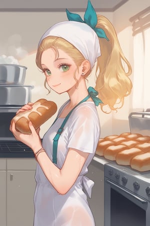 score_9, score_7_up, score_8_up,(masterpiece, absurdres, highres),source_anime,1girl,blonde_hair,ponytail, green eyes, white bandana, baker, covered in flour, oven, bakery laboratory, (bread),smile,night,side view,sinozickstyle, wet skin, shiny, shiny skin, steam,1e2