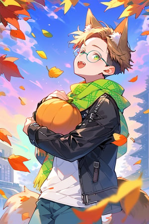 score_9, score_7, score_8,source_anime, ,1boy,solo,brown hair,((unshaved beard)),wolf ears, wolf tail,((short hair)),shaggy hair, fangs,(green_eyes), round glasses, black leather jacket,scarf,autumn,autumn_leaves,falling_ leaves,pumpkin, holding pumpkin,sunset,glow lighting, happy, colorful,thermal,cowboy shot,looking at viewer, 