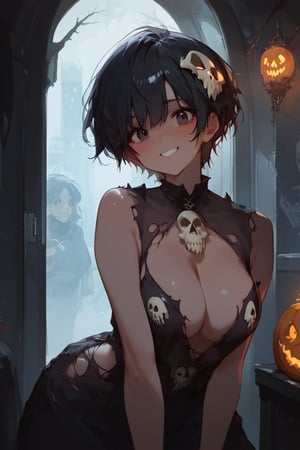 score_9, score_7_up, score_8_up, source_anime, 1girl, solo,cute,skull costume, black hair,pixie hair, busty,black eyes,skull bodysuit,bones,skull,teasing expression,smile, blushing,front view,1e2,Expressiveh,dark theme,sfw, halloween party