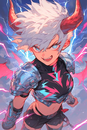 score_9, score_7_up, score_8_up,(anime),1girl,electric demon,horns,((huge lightning wings)),electric armor,white hair,very short hair, spiky hair, multicolored eyes,open mouth,smirk,busty,navel, midriff,thigh highs,,shiny,c0l0urc0r3, bright colours,dynamic pose,looking at viewer,high angle,close up,(electricity), (electrokinesis),storm, clouds, darkness,vibrant colors,LowKeyLights