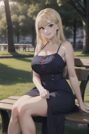 Anime girl smiling, sitting on a bench in the park, defined curves, long blonde hair, red and blue dress, background: large set of trees at dusk.