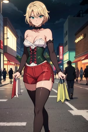 Highly detailed, high quality, masterpiece, beautiful, Anime girl, medium short hair, blonde, green corset, bare shoulders, bare chest, tight shorts, black stockings, walking, shy look, background: shopping plaza, busy, people watching, night