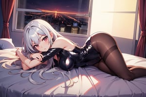 Anime girl, lying on a bed, long silver hair, black leotard, arms raised, light skin, black pantyhose, background: room, warm, big window, city at night.,Colors,