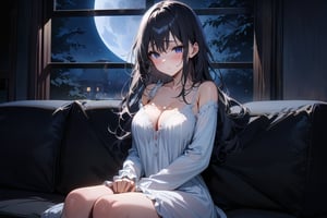 Highly detailed, high quality, masterpiece, beautiful, Anime girl, long black hair, big breasts, defined curves, white nightgown, sad look, blushing, looking at the moon, sitting on sofa by window, big window background, full moon, dark room, cold room, lonely, cold light, at night