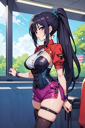 Anime girl, short stature, long black hair, a ponytail on each side of the head, dark blue corset, transparent clothing, purple shorts, long black stockings, defined curves, bangs, background: bus station, busy, afternoon,