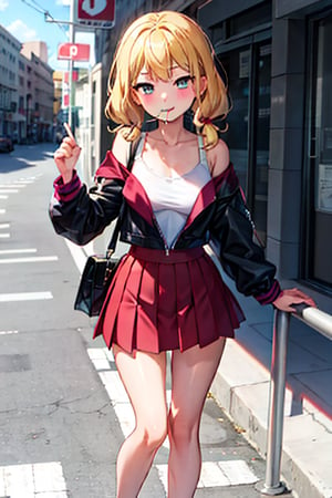 Anime girl, blonde hair, pigtail hairstyle, tight red skirt, gold top, lollipop in her mouth, happy expression, standing on the street, leaning on a handrail, looking at the phone, light skin, pink underwear, bag in hand , background: busy street, clear day, concrete floor,spidergwen,lollipop,tgout