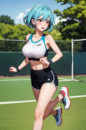 Anime girl, short blue hair, running in the park, tight black sports shorts, tight black sports bra, big breasts, defined curves, white cable headphones, blushing, sweaty, white tennis shoes, green soles, background: park with many trees, In the morning, men running after,