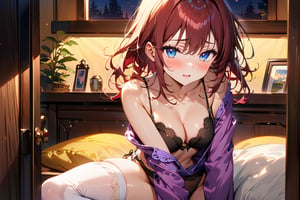 Highly detailed, high quality, masterpiece, beautiful, anime girl, in window, long dark red hair, purple blouse, dark brown shorts, white stockings, defined curves, black bra, black thong, blue eyes, embarrassed look, blushing, shy, undressing, background: yellow room, night, light warm,