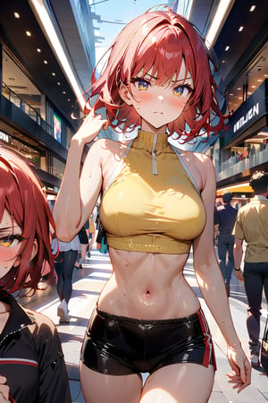 Highly detailed, high quality, masterpiece, beautiful, anime girl, short red hair, yellow top, black tight shorts, pink thong, white tennis shoes, bare shoulders, bare abdomen, defined curves, sweat, serious face, blushing, hand on head, embarrassed, walking, background: shopping mall, busy, sunny day,