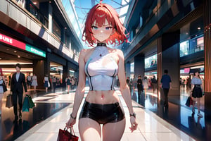 Highly detailed, high quality, masterpiece, beautiful, anime girl, short red hair, white top, black tight shorts, white tennis shoes, bare shoulders, bare abdomen, defined curves, sweat, serious face, blushing, embarrassed, walking, background: shopping mall, busy, sunny day,