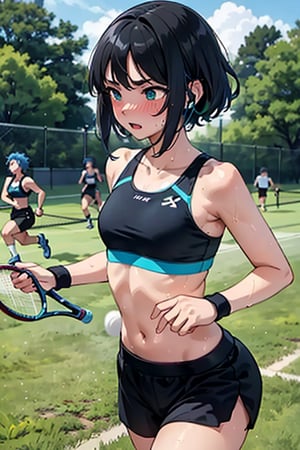 Anime girl, short blue hair, running in the park, tight black sports shorts, tight black sports bra, defined curves, small headphones with white headphones, blushing, sweaty, white tennis shoes, green soles, background: park with many trees, by the tomorrow, men running after,