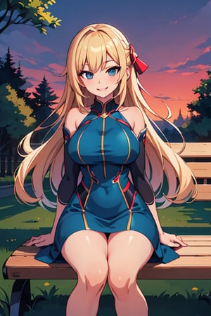Anime girl smiling, sitting on a bench in the park, defined curves, long blonde hair, red and blue dress, background: large set of trees at dusk.,Colors