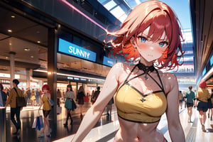 Highly detailed, high quality, masterpiece, beautiful, anime girl, short red hair, yellow top, black tight shorts, pink thong, white tennis shoes, bare shoulders, bare abdomen, defined curves, sweat, serious face, blushing, hand on head, embarrassed, walking, background: shopping mall, busy, sunny day,