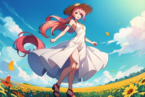 Highly detailed, high quality, masterpiece, beautiful, anime girl, long pink hair, ponytail hairstyle, white one-piece dress, yellow sandals, straw hat, happy look, tilted upward view, hand in hat, background: sunny day, flower field, strong wind,