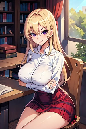 Anime girl, smiling, long blonde hair, sitting on a wooden chair, leaning her chest on a table, defined curves, low-cut white shirt, red plaid skirt, black bra, purple eyes, crossed arms, background: library, warm light , without people behind, window to the right, day,