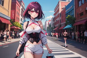 Highly detailed, high quality, masterpiece, beautiful, Anime girl, short dark purple hair, bold, angry look, red corset, white shorts, red sneakers, phone in hand, bag in hand, leaning on pole, bare shoulders, bare chest, white barrette in hair, pink eyes, background : shopping plaza, busy, people walking, day,
