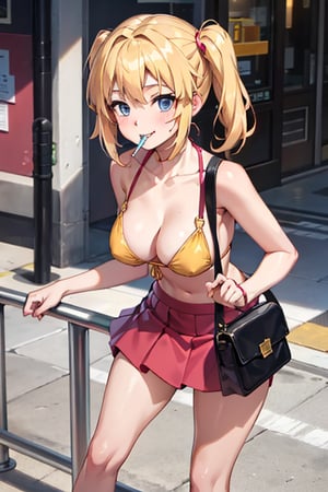 Anime girl, blonde hair, pigtail hairstyle, tight red skirt, gold bikini, lollipop in her mouth, happy expression, standing on the street, leaning on a handrail, looking at the phone, light skin, pink underwear, uncovered, bag in hand, background: busy street, clear day, concrete floor,